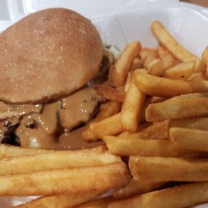 Good sized Peanut butter bacon burger with delicious crispy fries at Chef Von & Mom located in Scranton, PA.