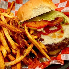 Jumbo chopped steak sandwich with hand cut fries at Golden Dawn located in Youngstown, OH.