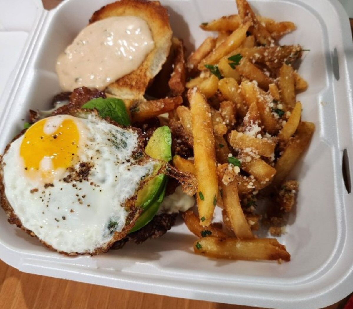 LA burger, garlic fries at Chef Von & Mom located in Scranton, PA. 