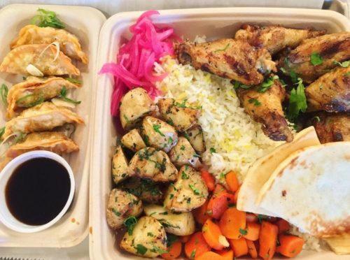 Potstickers, wings, potatoes, maple carrots, rice, pita at Local Expedition Wood Fired Grill located in Alpharetta, GA.