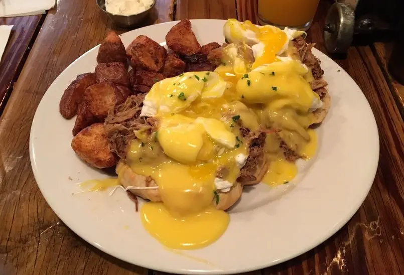 Pulled pork eggs Benedict at Backwater located in Melbourne, FL. 