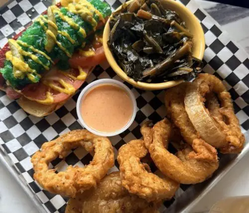 Seattle Dog Basket w Collard Greens & House Made Beer Batter Onion Rings at Mic's Kitchen located in Gastonia, NC.