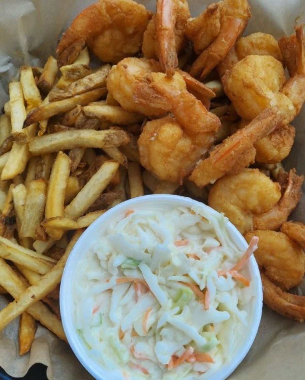 Shrimp, fries and slaw at Emma's Southern Kitchen located in Knoxville, TN. 