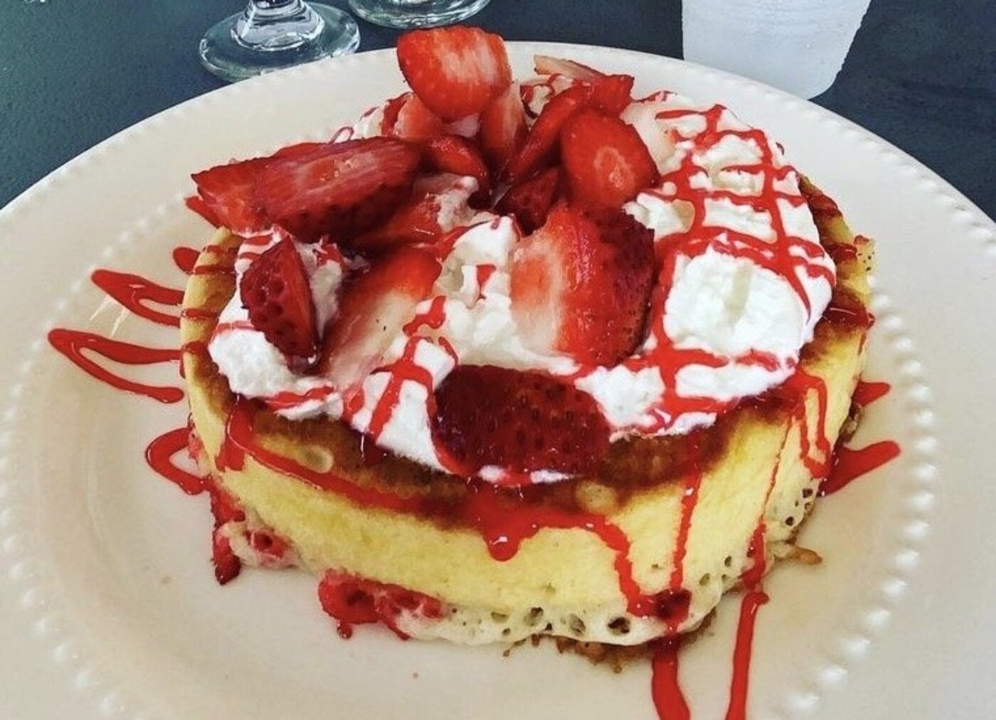 Strawberry shortcake hot cake at Todd and Shelly's Farm Fresh Restaurant located in Ocala, FL. 