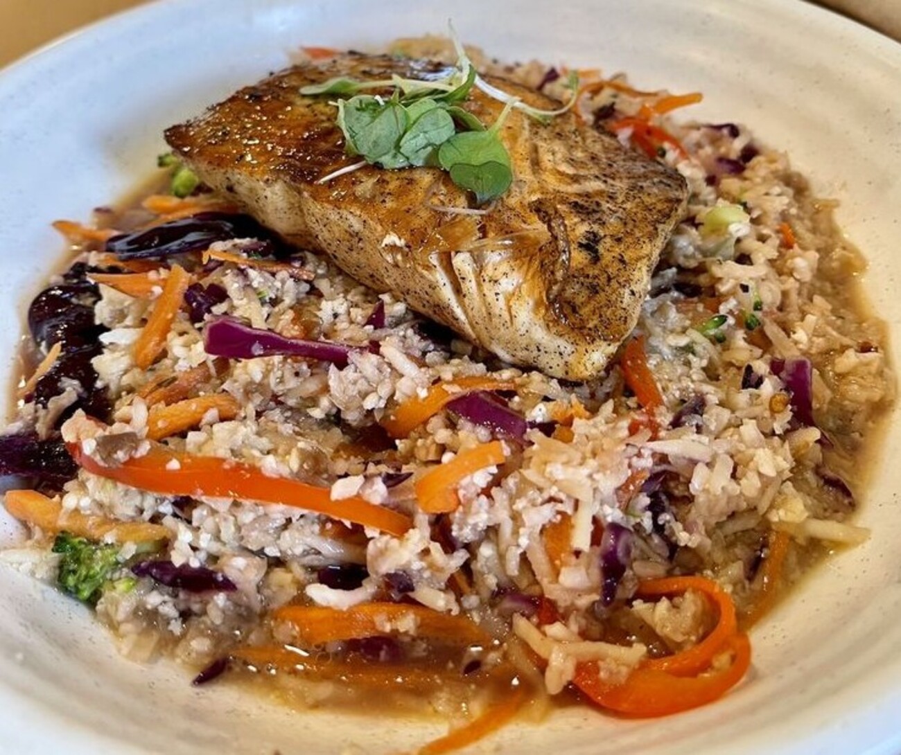 Thai Stir Fry Bowl with Salmon at Good Kitchen + Market located in Marietta, GA.