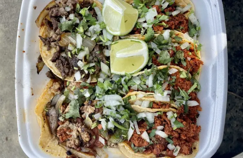 pork, chicken, chorizo tacos