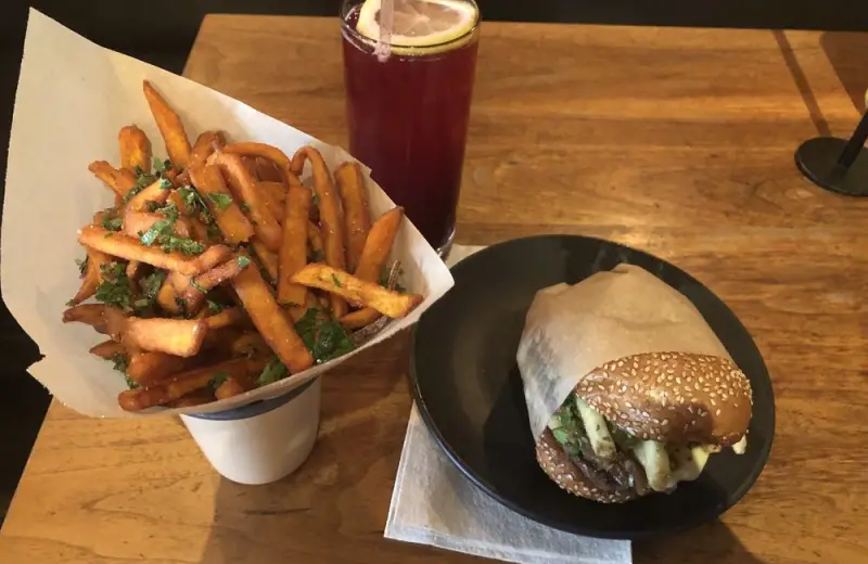 French and fry burger, sweet Sweet Potato Fries, and a blackberry soda.