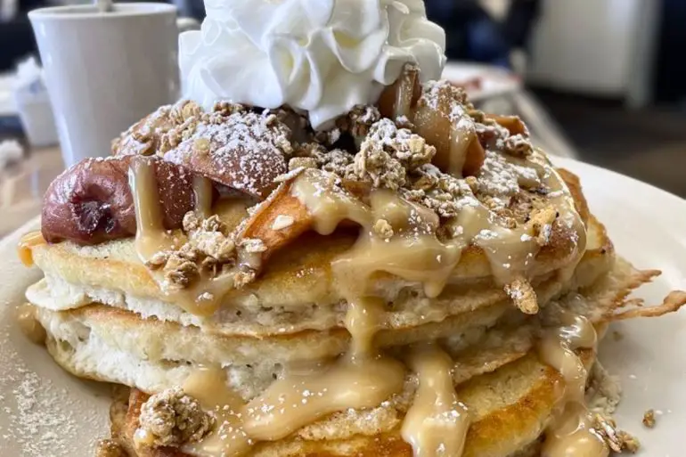 Caramel Apple Crunch Pancakes at The Chocolate Gallery Cafe in Warren, Michigan