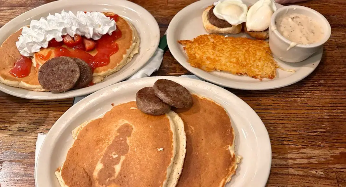 pancakes and benedict at Stoby's Restaurant in Conway, Arkansas