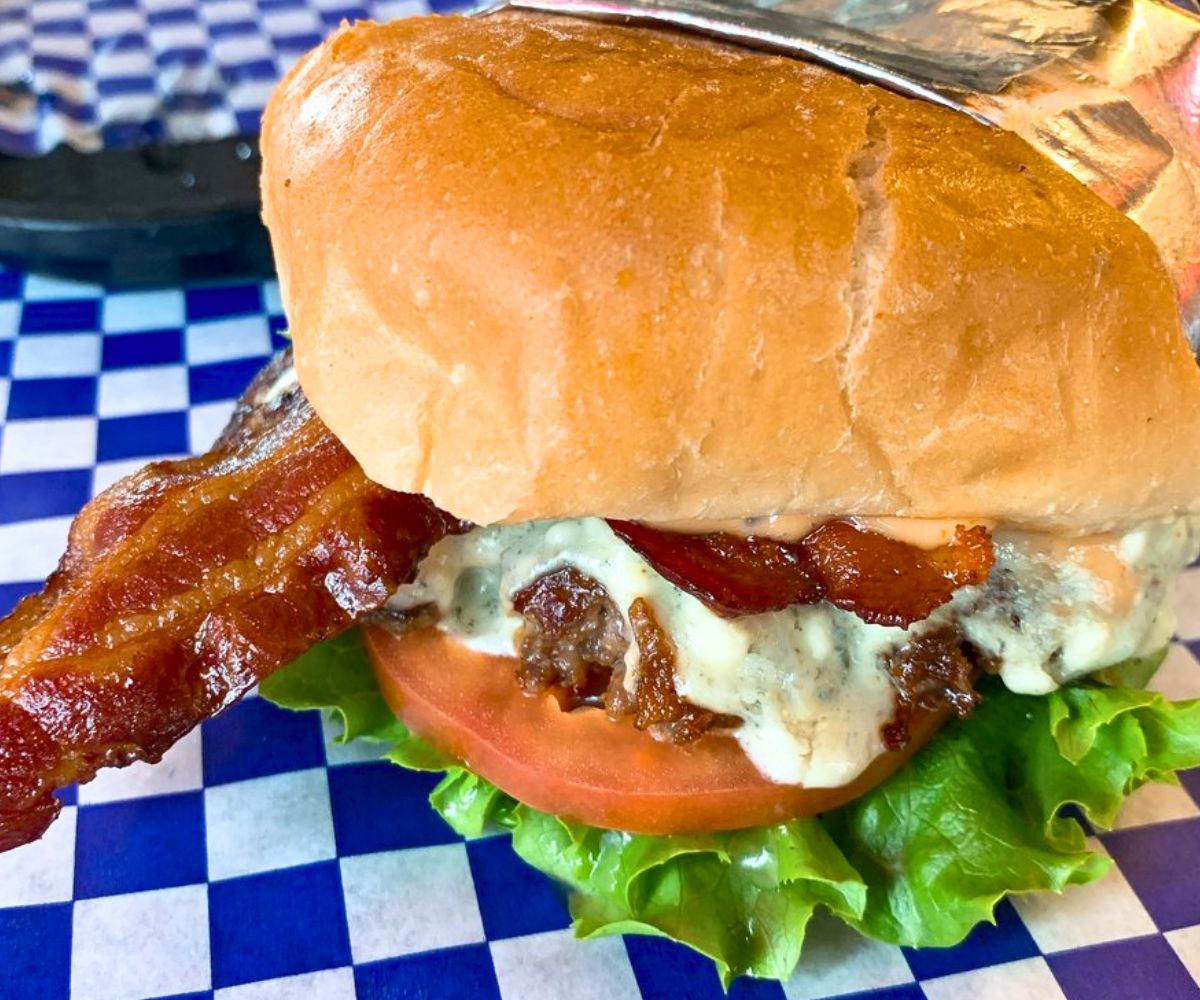 Shelby Bleu Burger at Nutty's Junkyard Grill in Arlington, Washington