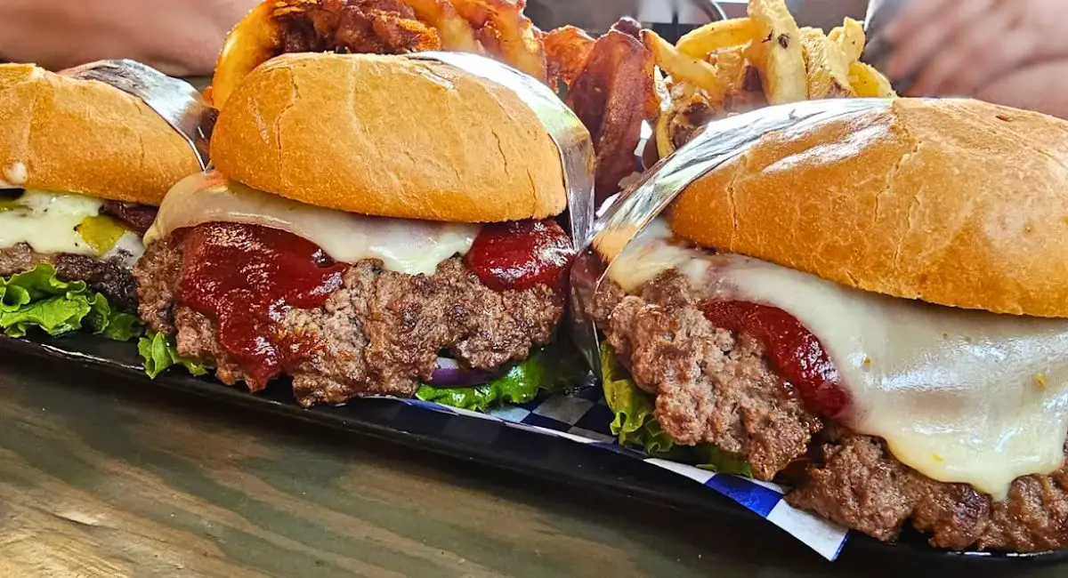 various burgers at Nutty's Junkyard Grill in Arlington, WA