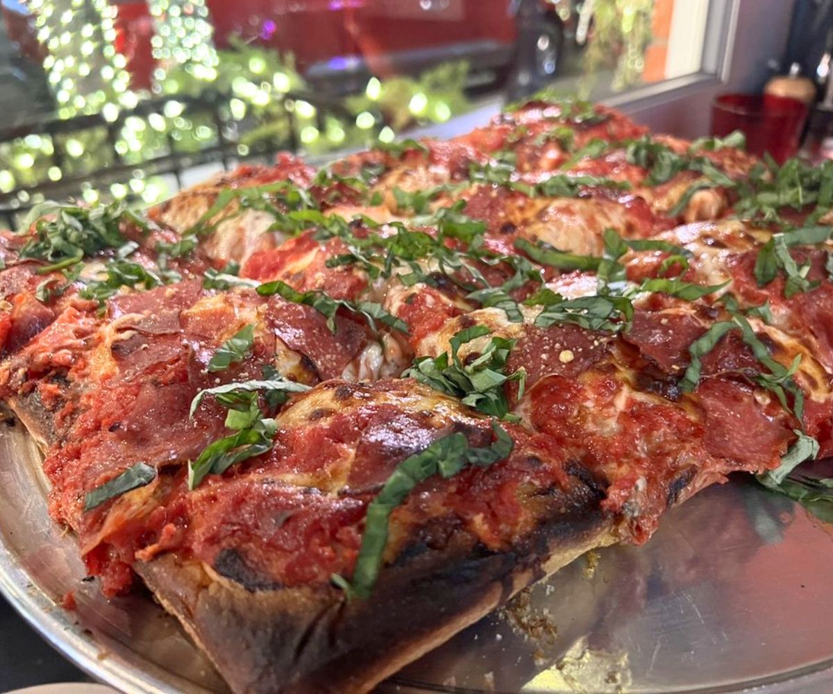 Spicy Salami and Basil Pizza at Rosalee's Pizzeria in Longmont, CO