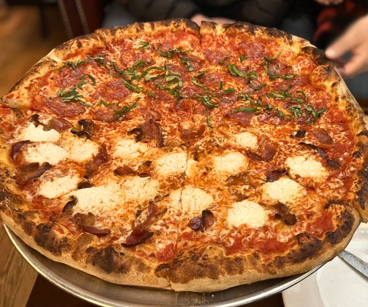 1/2 soprasetta & basil (top) and bacon & ricotta (bottom) at Rosalee's Pizzeria in Longmont, CO