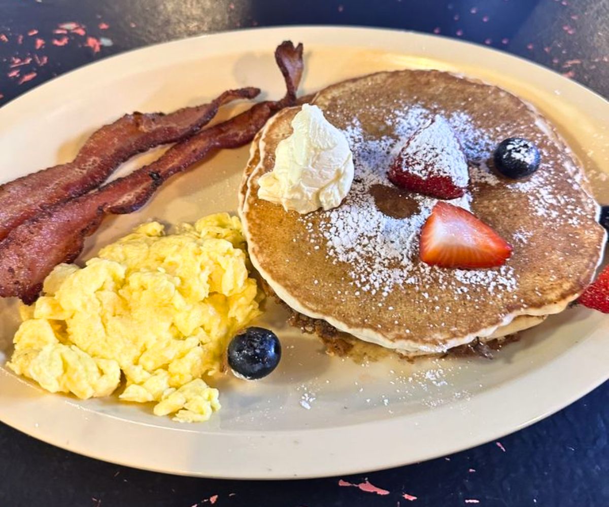 pancakes with eggs and bacon at Luxury Diner in Cheyenne, WY