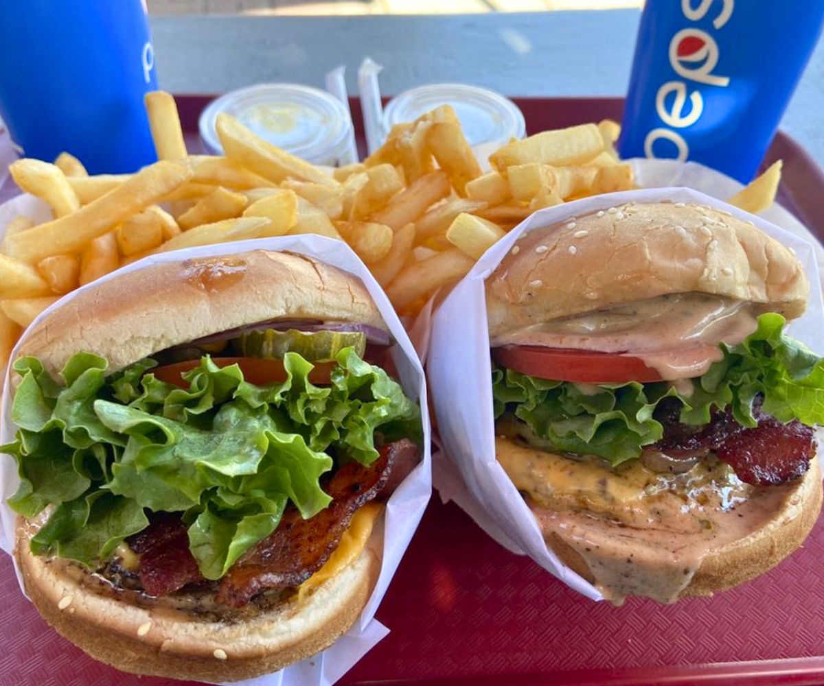 Bacon Cheeseburger (left) and double bacon cheeseburger (right) at Jack's Hamburgers in Santa Cruz, CA