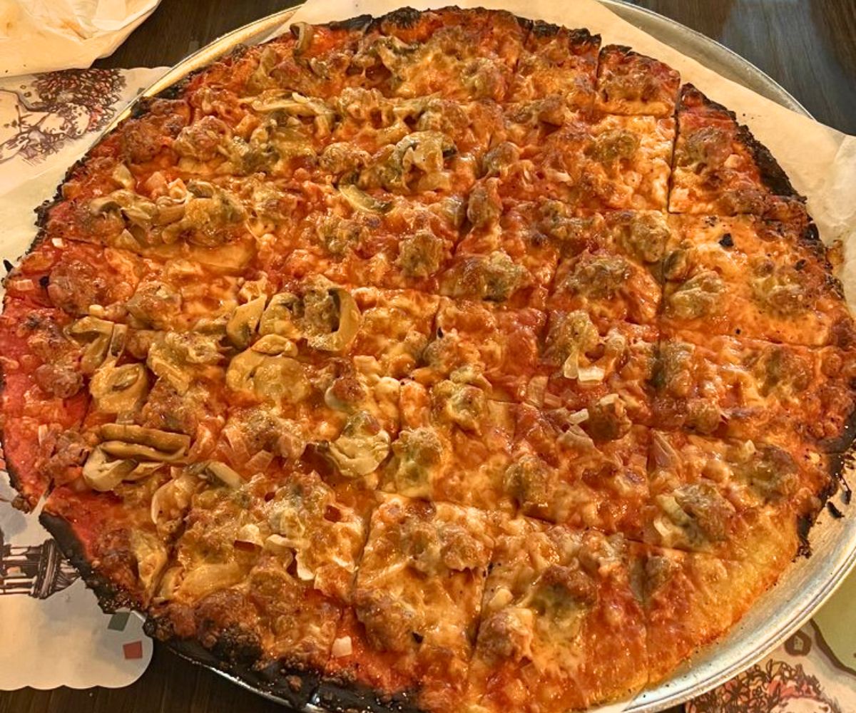 Sausage, Mushroom & Onion Pizza at Wells Brothers Restaurant in Racine, Wisconsin