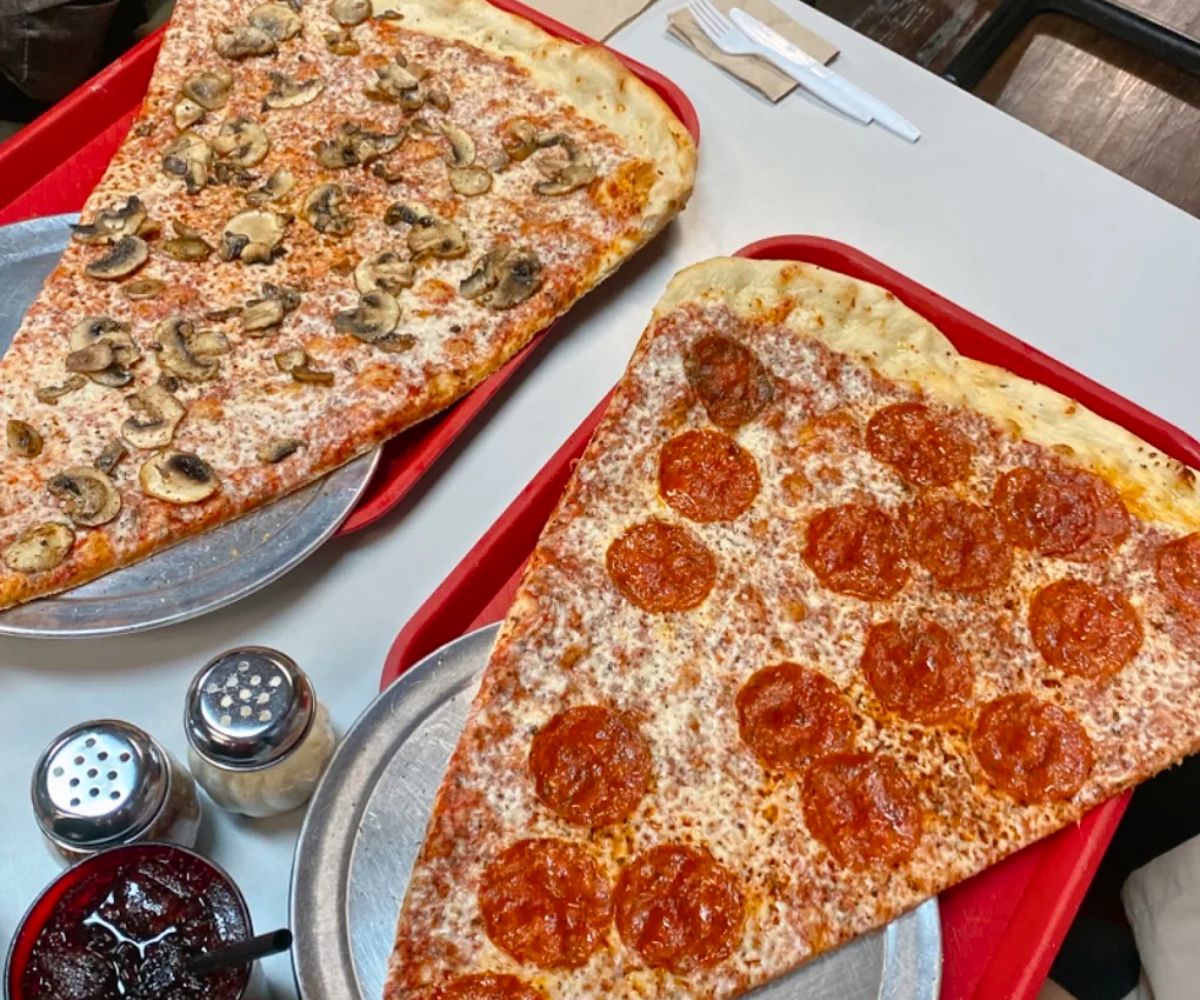 mushroom (left) and pepperoni (right) pizzas at Richie B's Pizza in Albuquerque, New Mexico
