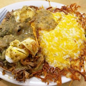 Green Chili Carnitas Benedict at Fat Nat's Eggs in Brooklyn Park, MN
