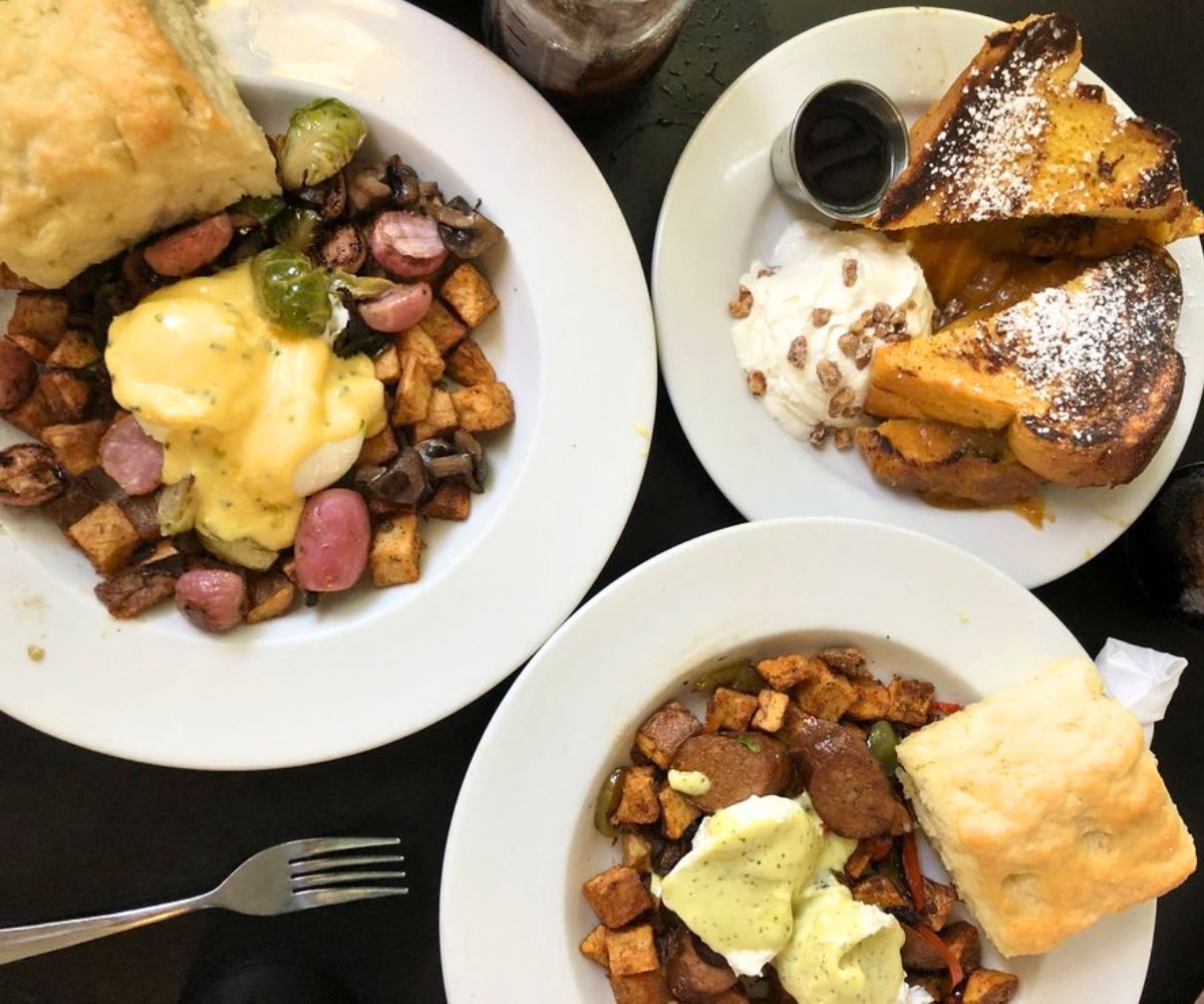 various breakfast dishes at Mama's Boy in Athens, Georgia