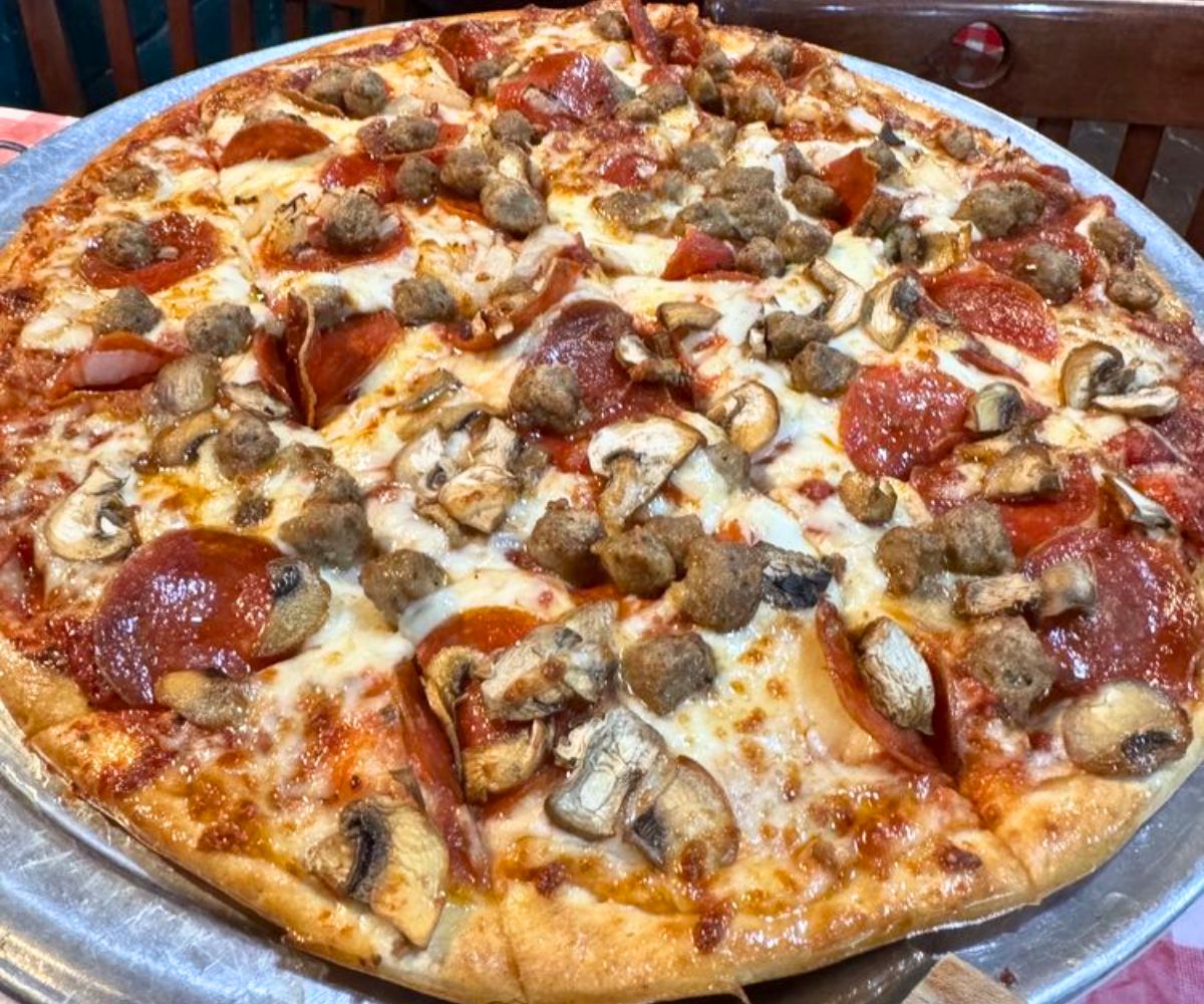 Pepperoni, sausage, mushroom and onion pizza at Water Street Pizzeria in Henderson, NV