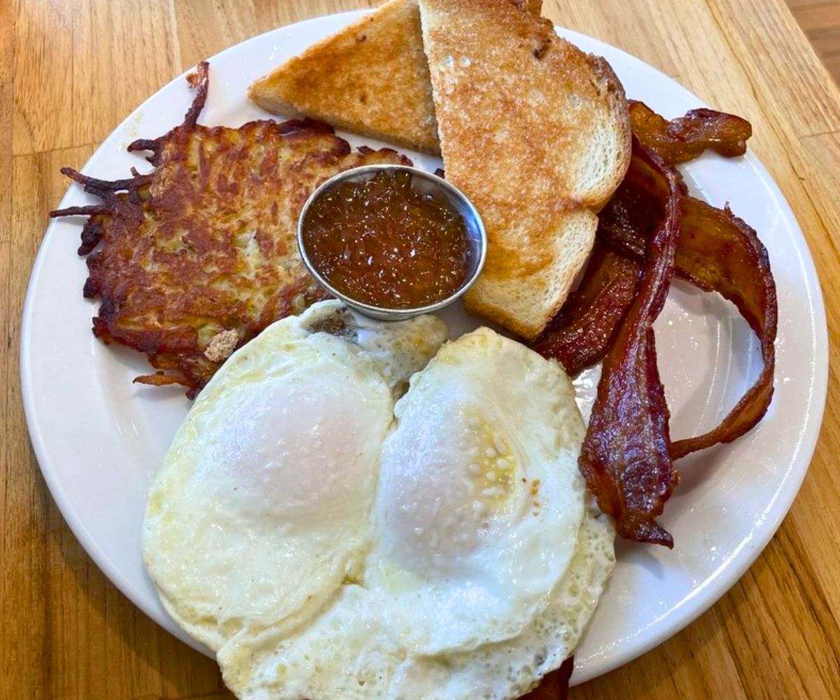 Eggs, Bacon & Potato Pancakes at Levity Breakfast House in Norman, Oklahoma