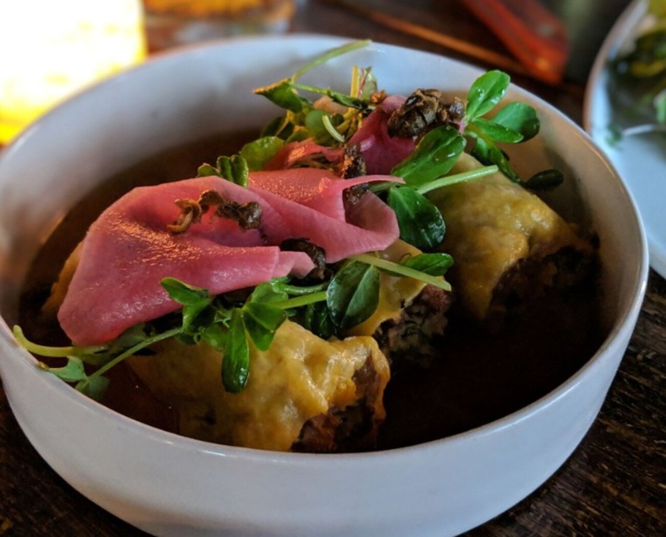 Very tender beef short rib dumplings at The Campground located in Kansas City, MO.