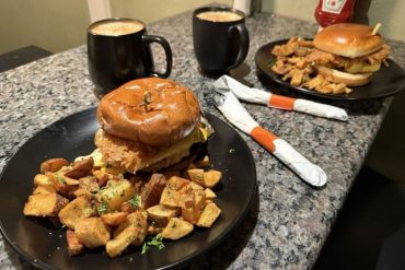 hash brown pancake on a sandwich at Root & Press located in Worcester, MA.