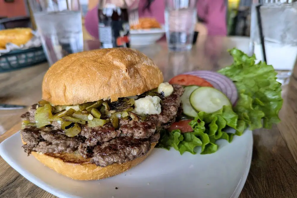 Double bleu cheese green chile smash burger