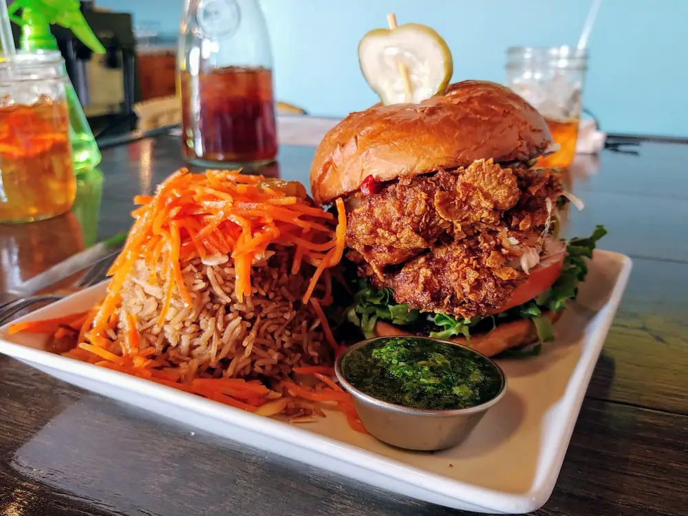 burger chicken sandwich and Afghan rice
