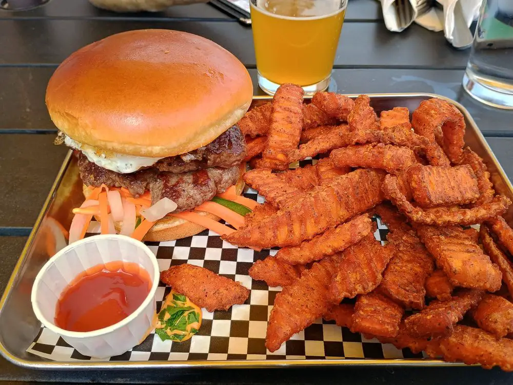 Burger with sweet potato fries.