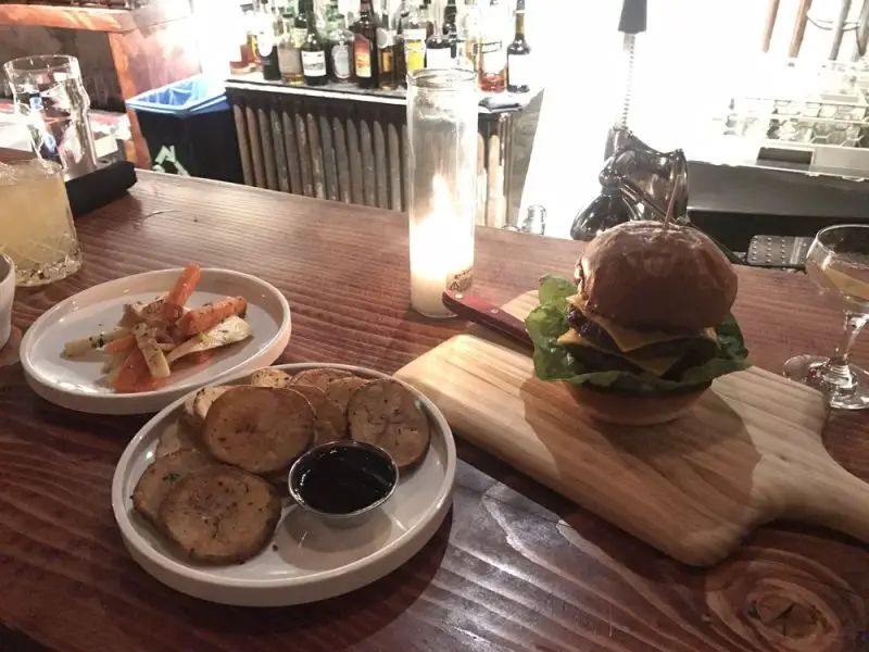 Burger, whiskey chips, carrots and parsnips. Yum!