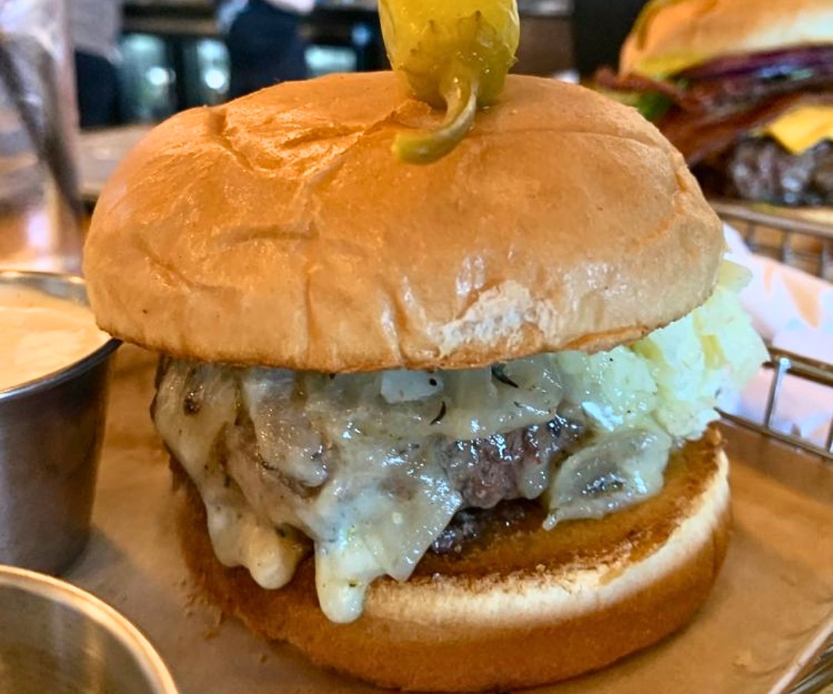 French Onion Burger at Hops Burger Bar in Greensboro, North Carolina