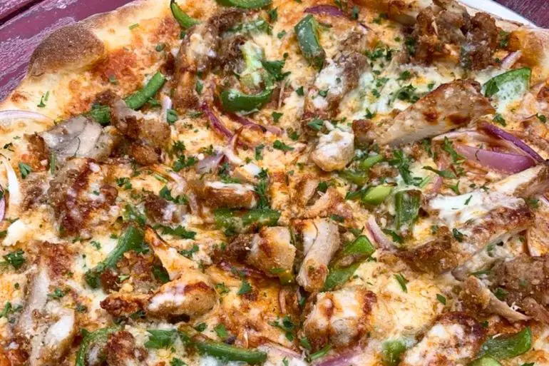 Fried Chicken Pizza at Hutchins Garage in Durham, North Carolina
