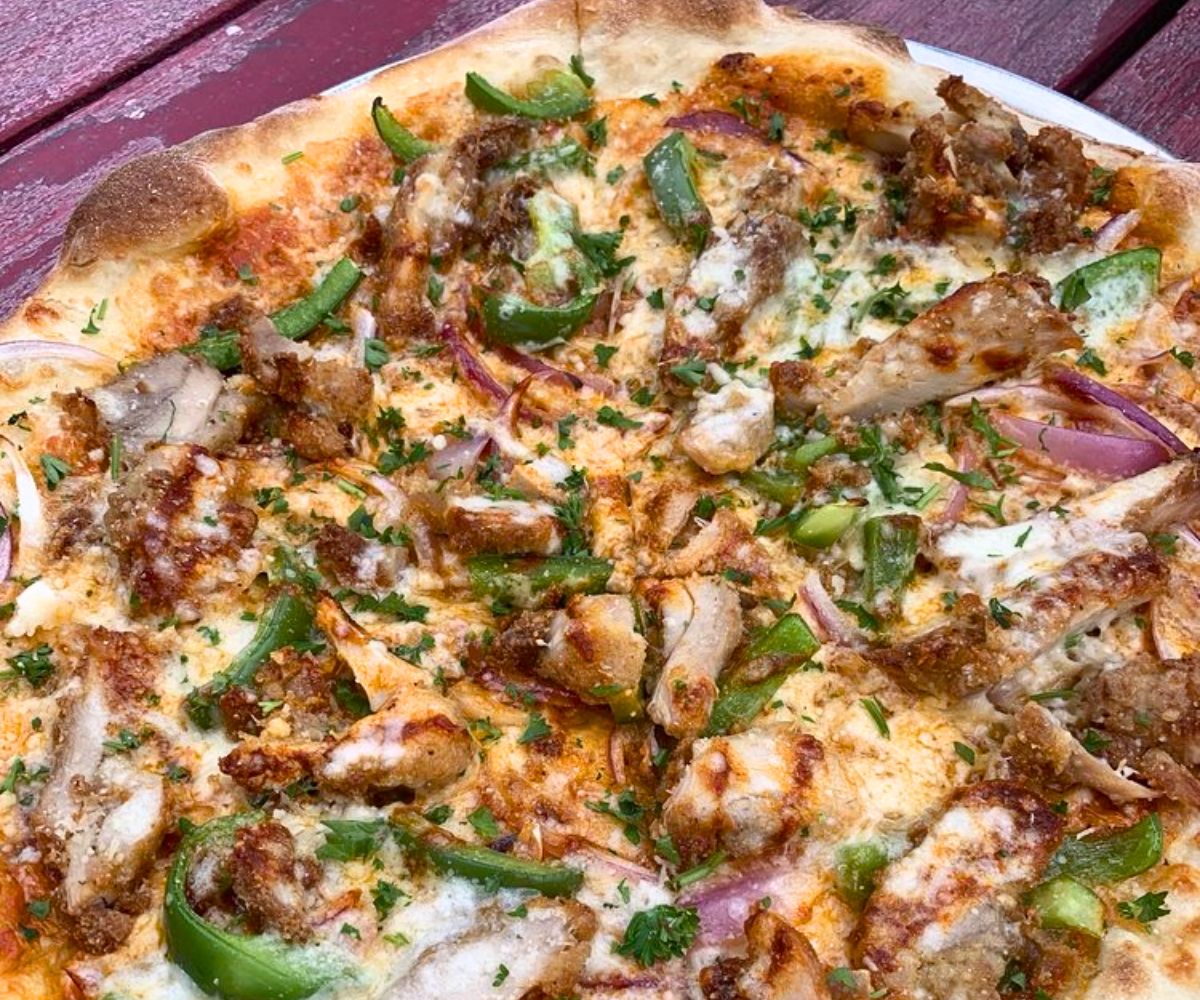 Fried Chicken Pizza at Hutchins Garage in Durham, North Carolina