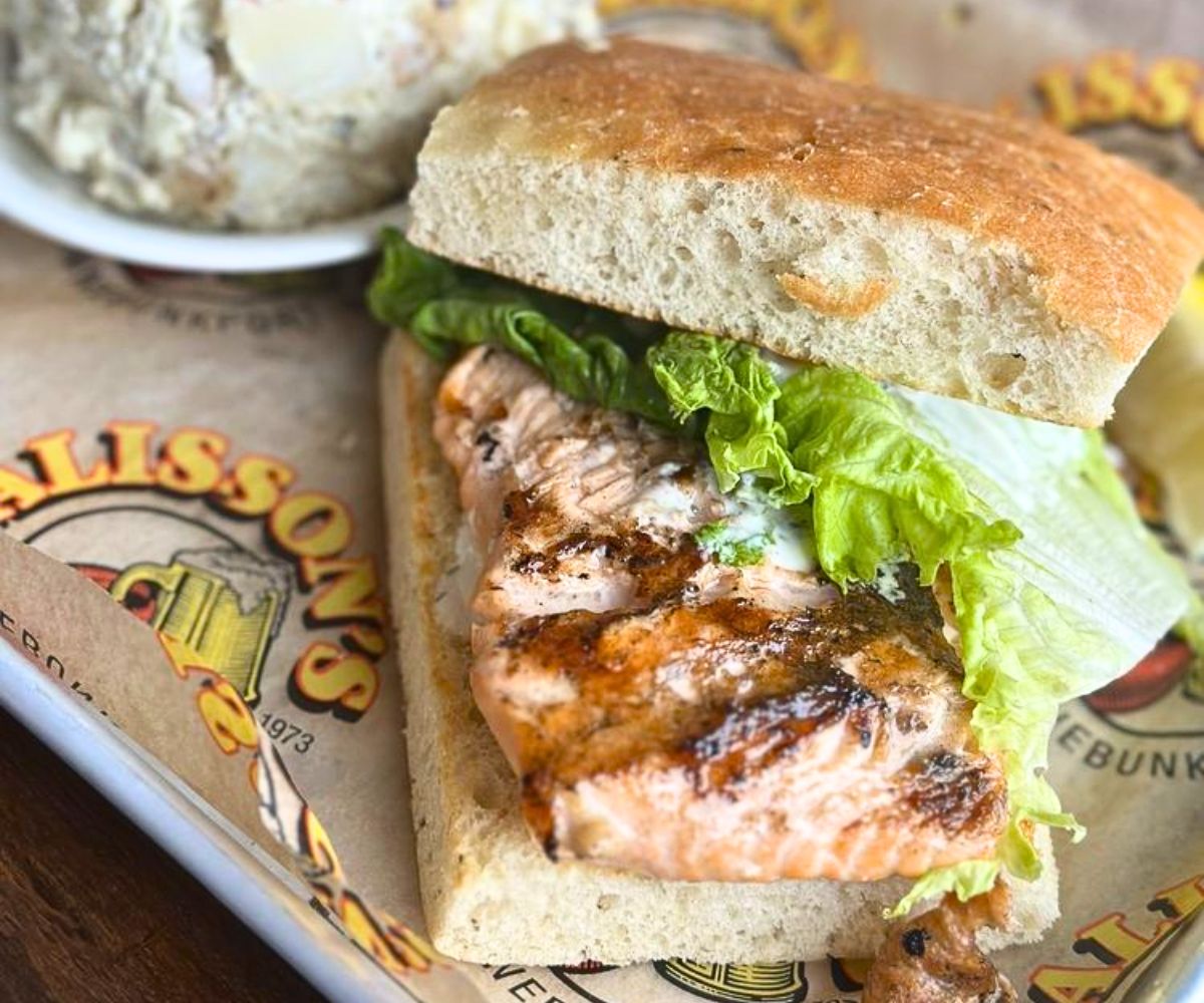 Salmon Focaccia Sandwich at Allison's Restaurant in Kennebunkport, ME