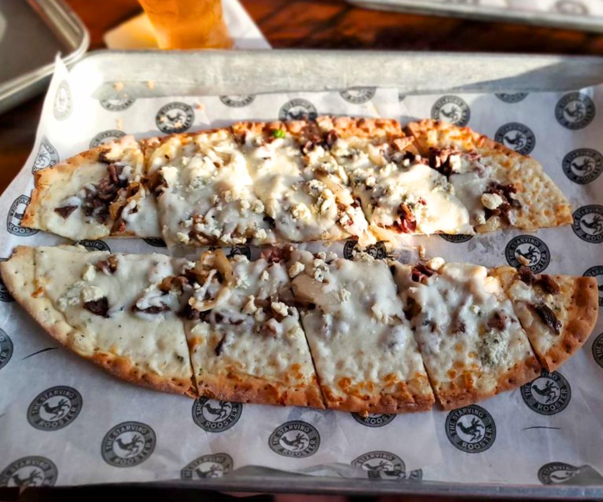 Blackened Prime Rib Flatbread Pizza at The Starving Rooster in Minot, North Dakota