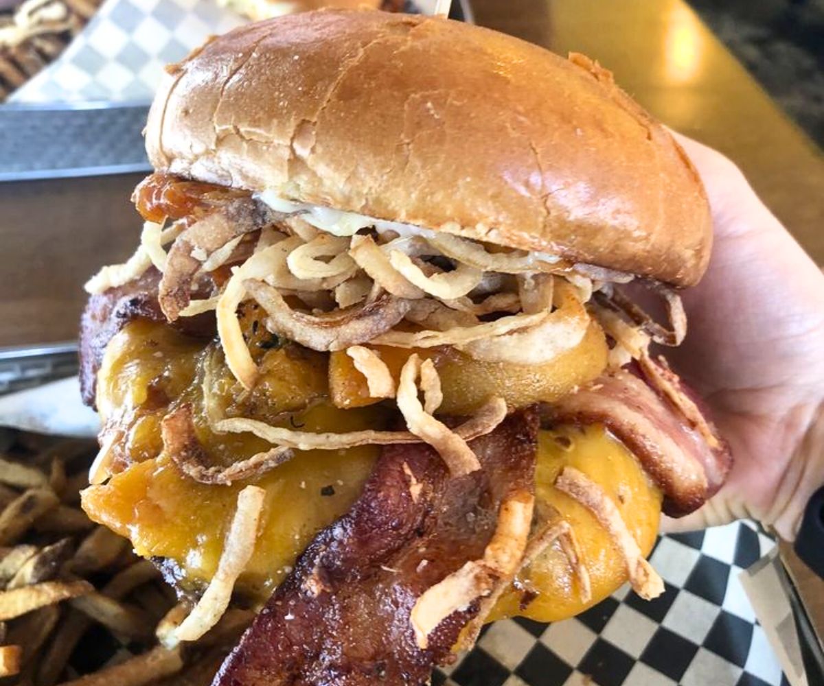 Peach Bourbon BBQ Burger at Izzy's Comfort Kitchen in Coeur d'Alene, Idaho