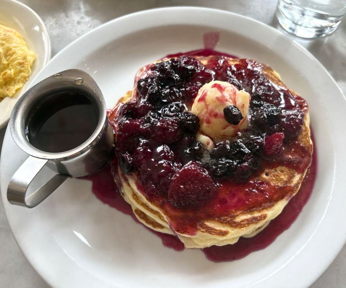 pancakes with strawberry compote at The Essential in Birmingham, Alabama