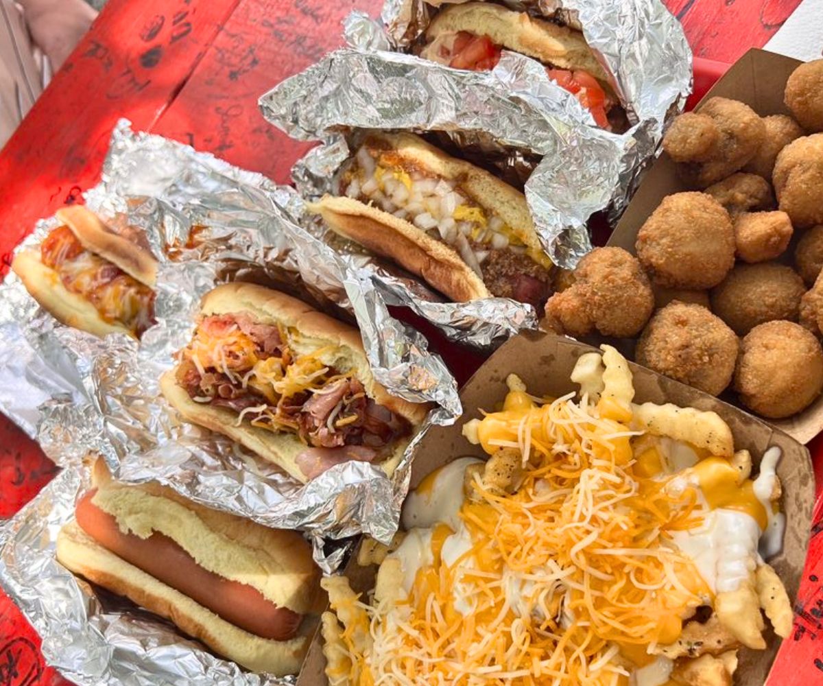 hot dogs and sides at Hillbilly Hot Dogs in Lasege, West Virginia