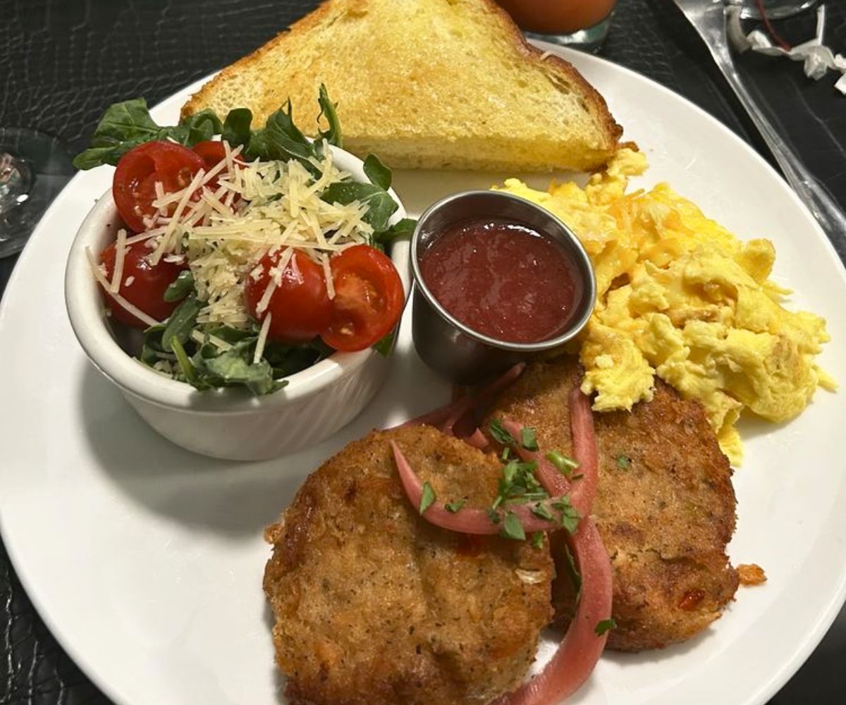 Salmon Croquettes and Eggs at Breakfast at Barney's in Atlanta, GA