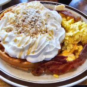 Banana Walnut Caramel Waffle at The Omelet House in Stockton, CA