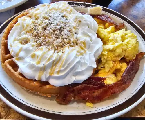 Banana Walnut Caramel Waffle at The Omelet House in Stockton, CA