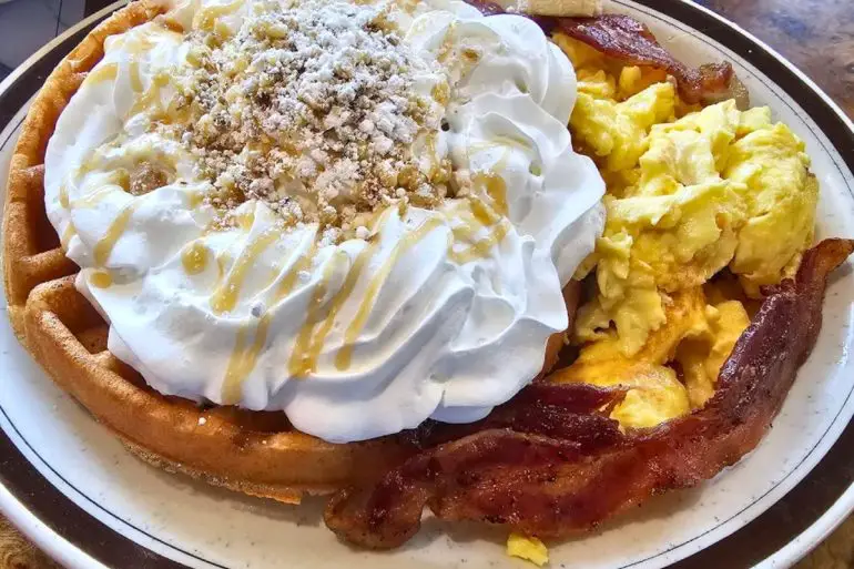 Banana Walnut Caramel Waffle at The Omelet House in Stockton, CA