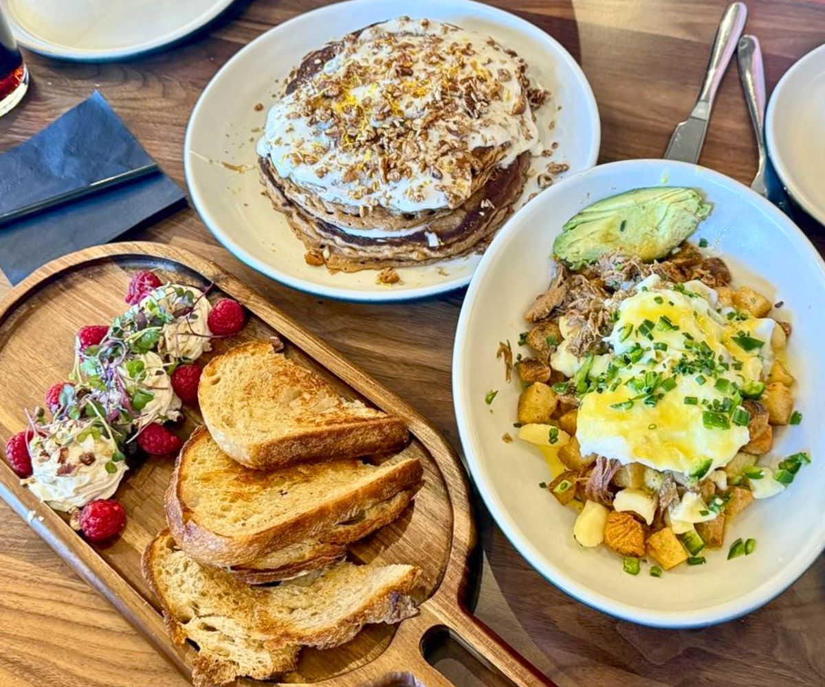 Chef Fiona's whipped goat cheese spread, Carrot Cake pancakes, Pork Poutine Bowl at George & Gather in Chandler, AZ