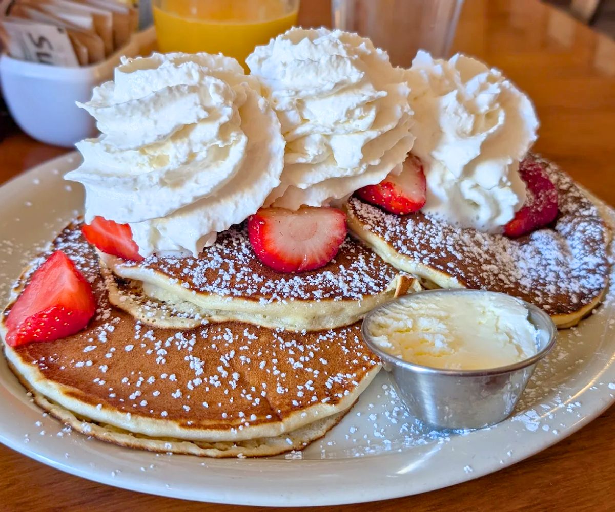 strawberry pancakes at The Nucleus Cafe in Eau Claire, Wisconsin