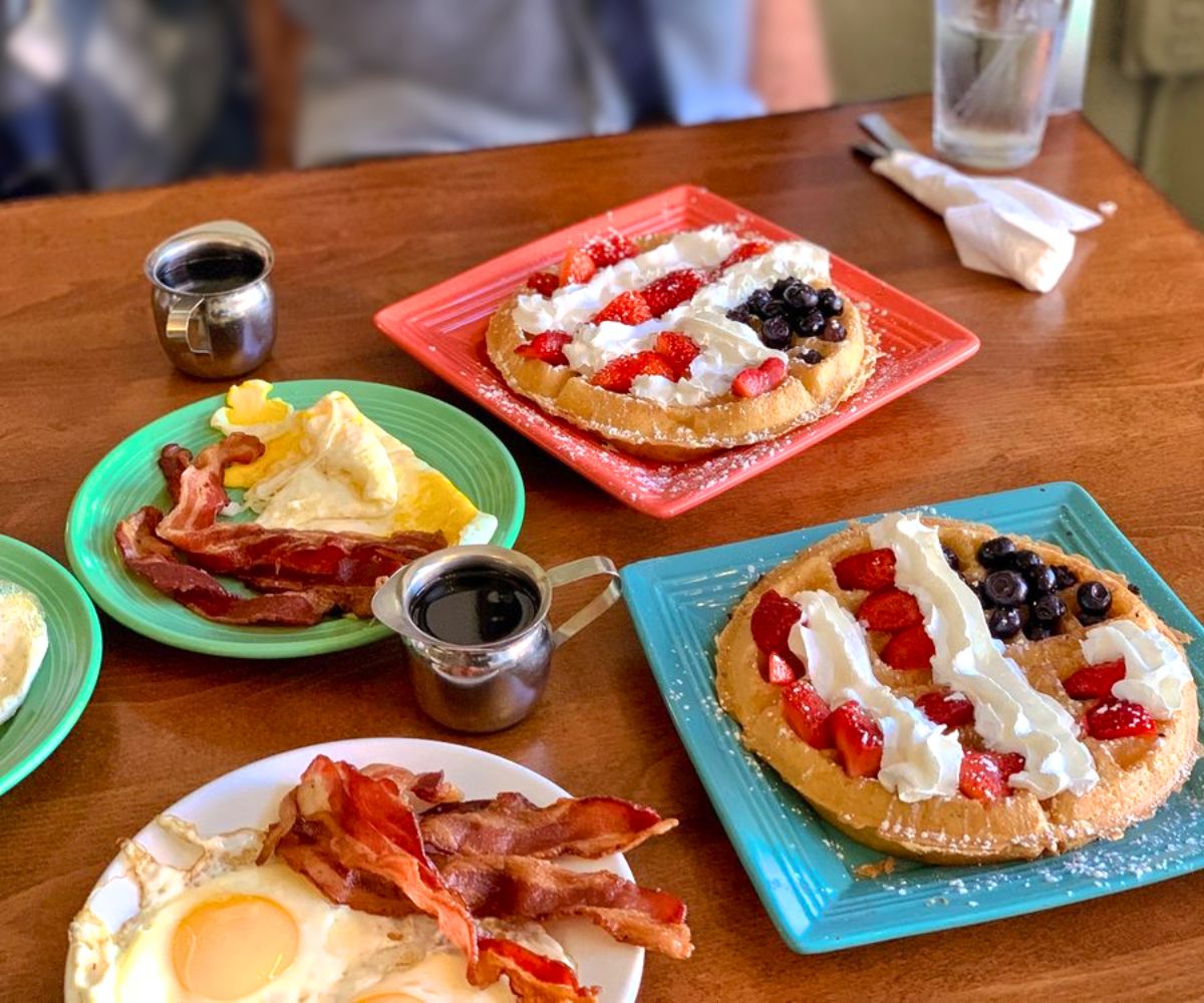 Freedom Waffles and other breakfast dishes at Gailey's Breakfast Cafe in Springfield, Missouri