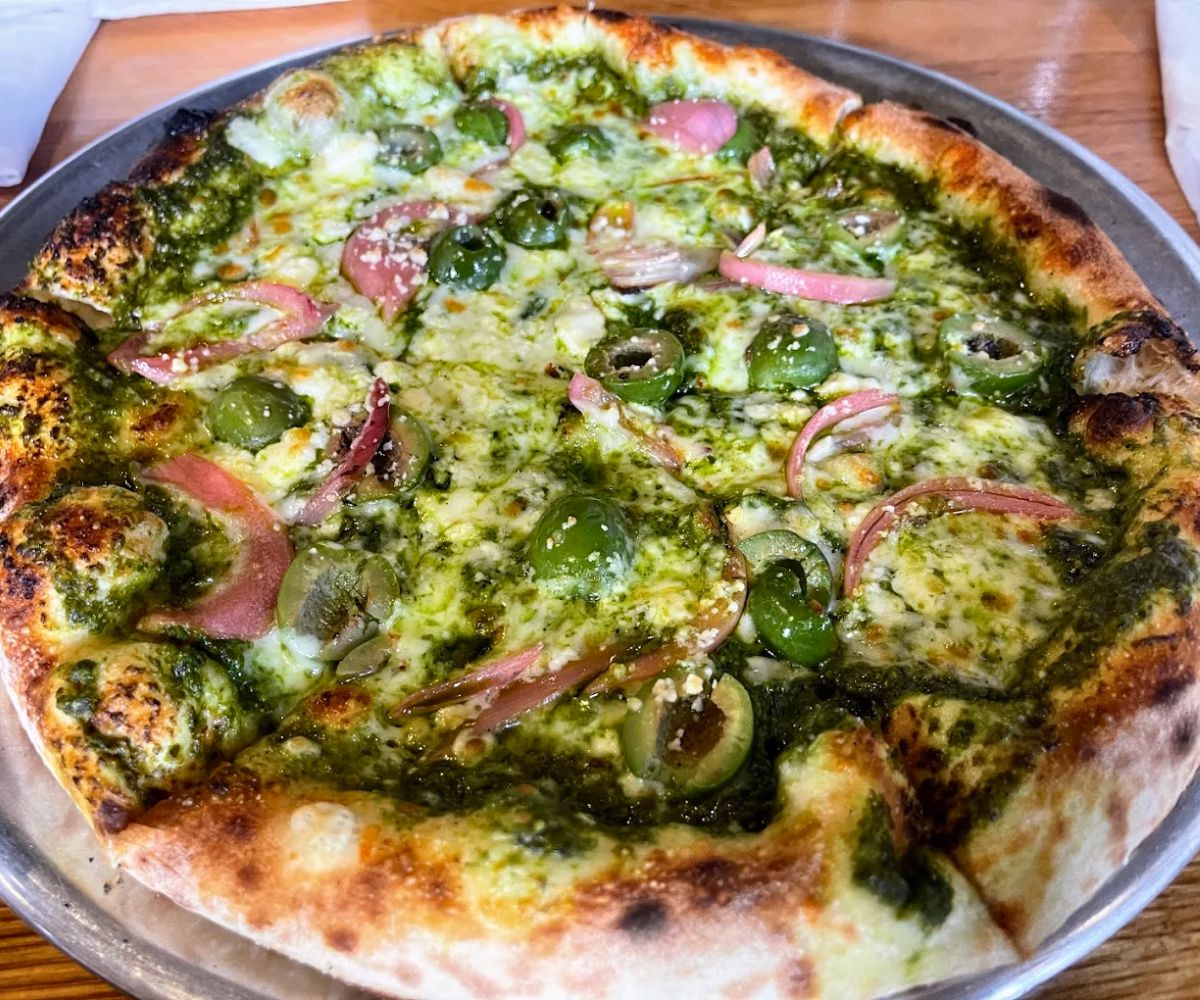 Pesto Verde Pizza at Bella Luna Wood-Fired Pizza in Harrisonburg, VA