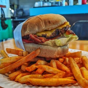 Food at TK Burgers located in Huntington Beach, CA.