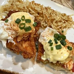 Hot Honey Chicken with Pimento Benedict at Young Cardinal Cafe in Winston-Salem, NC