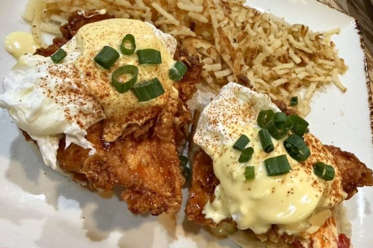 Hot Honey Chicken with Pimento Benedict at Young Cardinal Cafe in Winston-Salem, NC